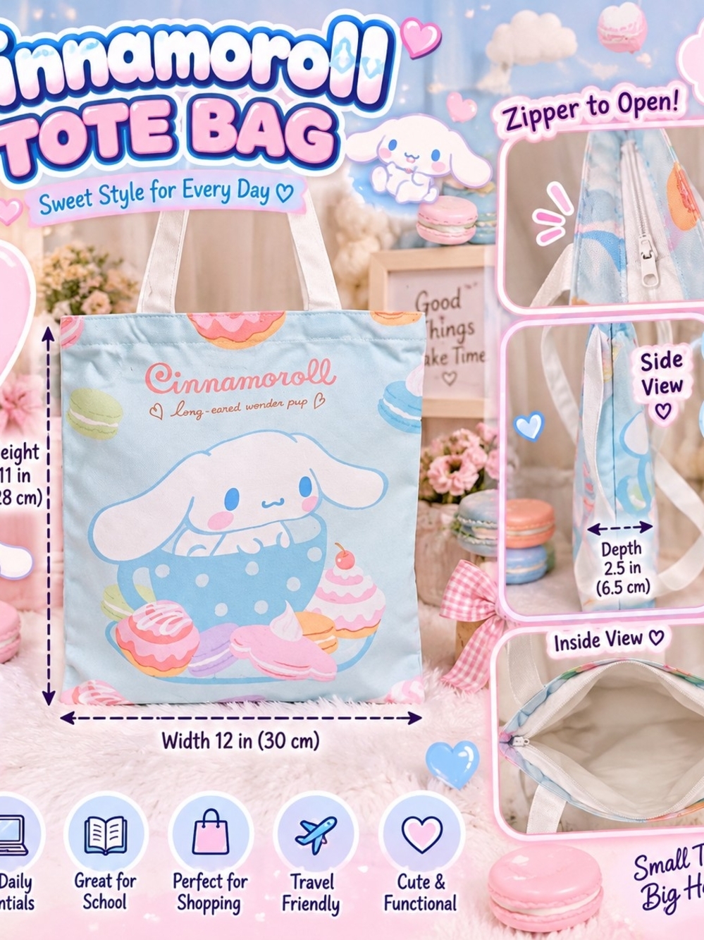 Sanrio Cinnamoroll Pastel Blue Tote Bag with Macaron Print